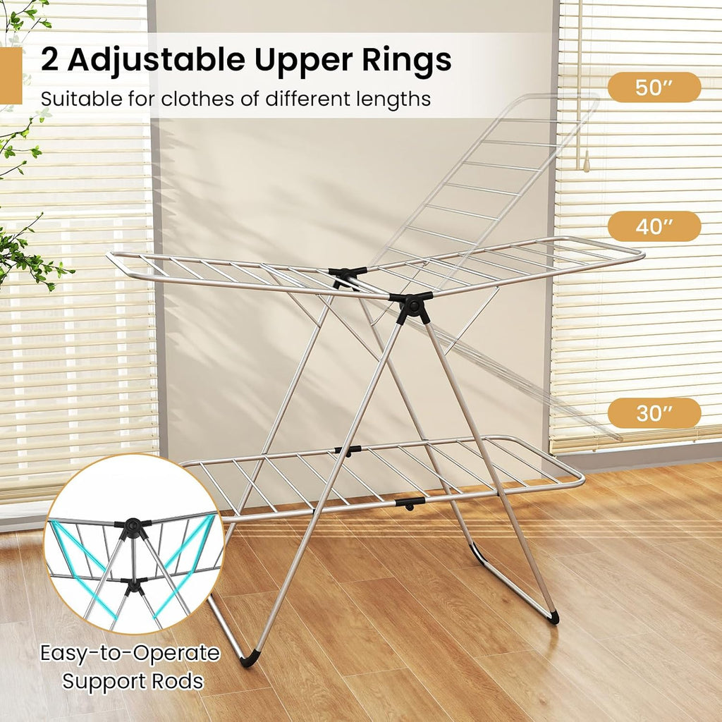 Tangkula Clothes Drying Rack Foldable, 2-Level Heavy-Duty Aluminum Laundry Drying Rack Collapsible with Height-Adjustable Wings, Space-Saving Freestanding Airer Clothing Dryer Stand for Indoor Outdoor