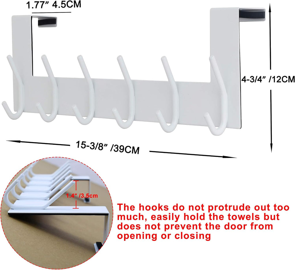 SKOLOO Over The Door Hook - 6 Hooks, No Assembly Required, Stainless Steel Door Hooks, Over Door Coat Rack for Hanging Coats Clothes Hats Robes, White
