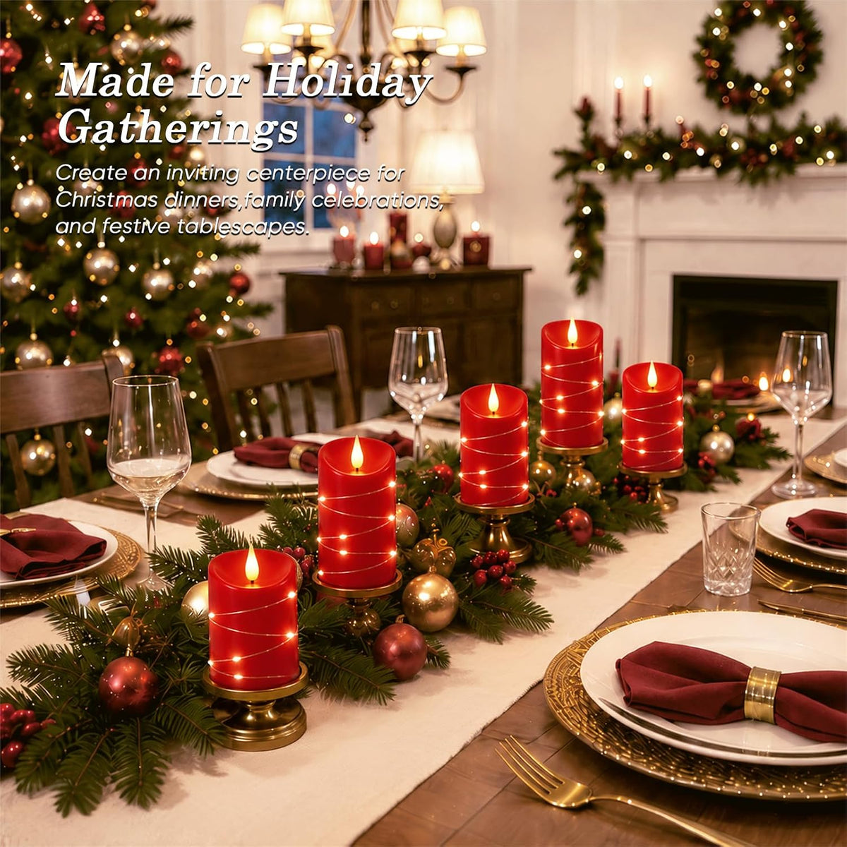 Homemory Red Flameless Candles with String Lights, 3 Pack Real Wax LED Pillar Candles with 3D Wicks, Battery Operated Candles with 11-Key Remote and Timer for Christmas Decor, 3" x 4"5" 6"