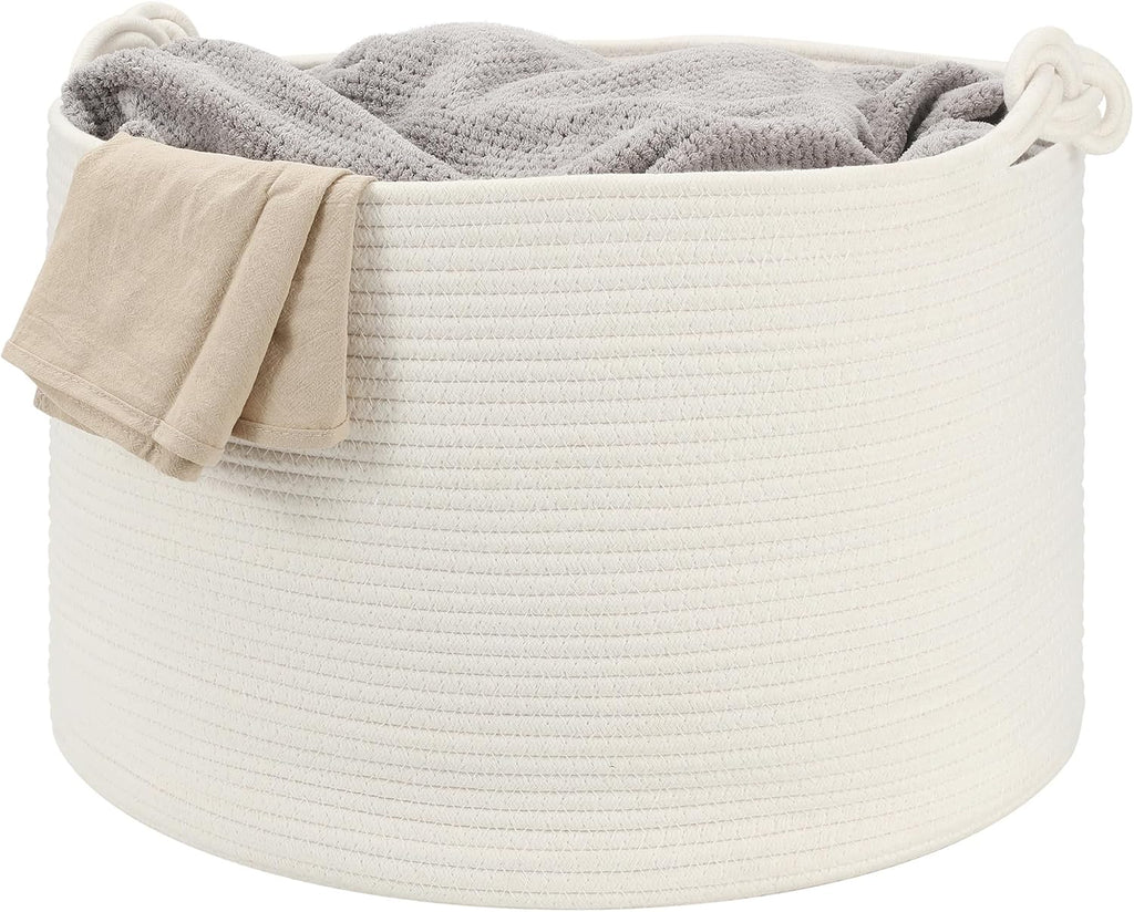 Large Blanket Basket (20"x13"),Woven Basket for Storage Dirty Clothes for Laundry, Living Room, Nursery, Bedroom Rope Storage Basket for Blankets（White）
