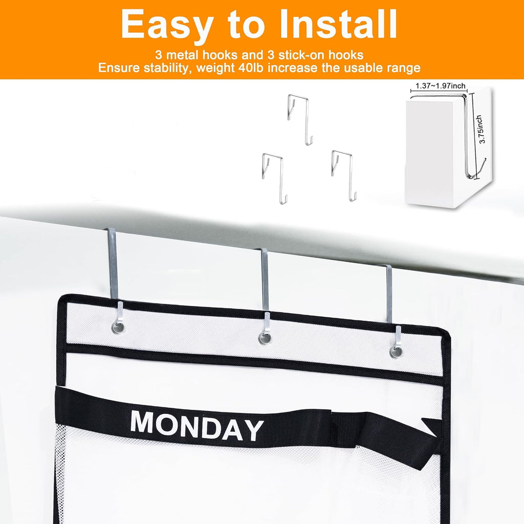 Weekly Kids Clothes Organizer Day of Week School, Over the Door Clothing Storage Organizer from Monday to Friday, Hanging Closet Organizer wtih 3 Metal hooks or Nursery, Bedroom