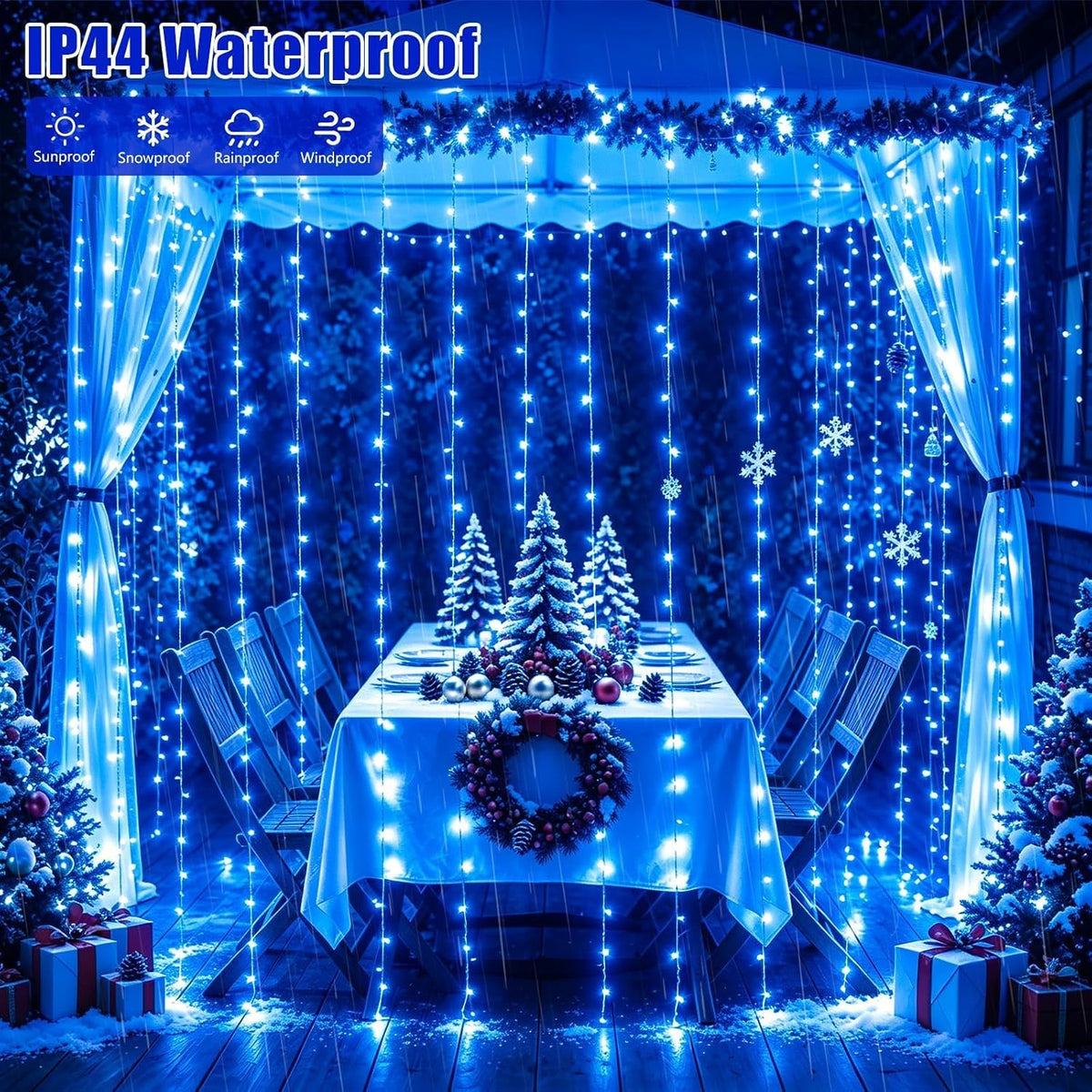 YEGUO 300 LED Blue Christmas Lights, Curtain Lights Plug in, 8 Modes Hanging String Lights for Bedroom Wall Window Backdrop Indoor Outdoor Party Xmas Decorations-9.8x9.8ft