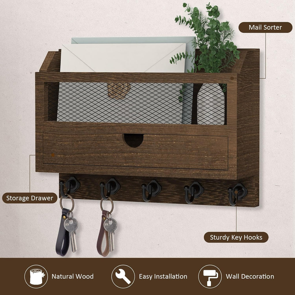 Nekon Key and Mail Holder for Wall, Key Organizer with Drawer, Brown