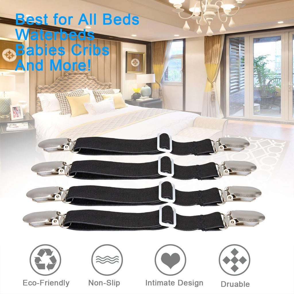 BetyBedy 4Pcs Adjustable Bed Sheet Fasteners Suspenders, Elastic Sheet Band Straps Clips, Cover Grippers Suspenders Holder for Mattress Pad Cover, Sofa Cushion (Black)