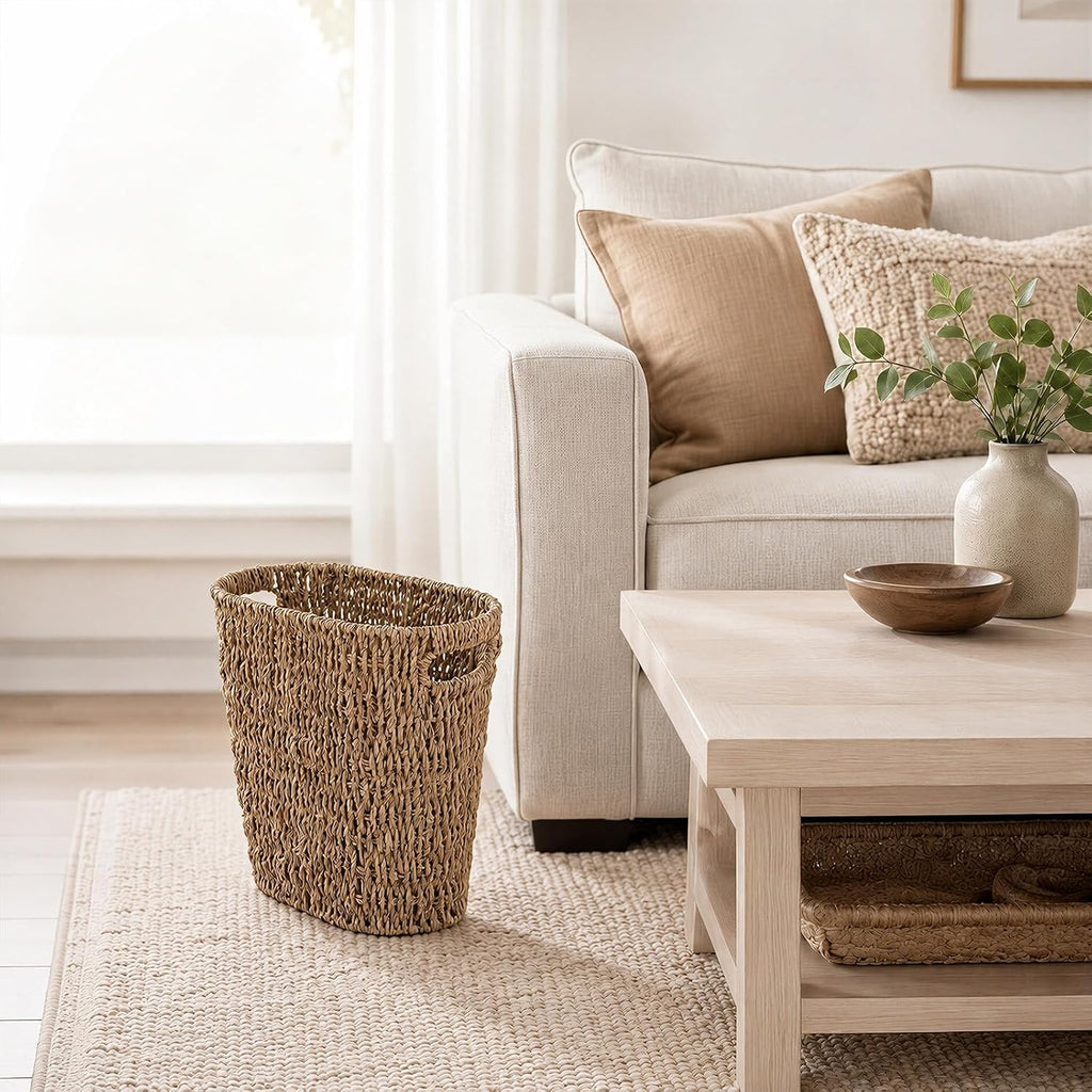 Coeusy Wicker Trash Can,Seagrass Waste Basket for Bathroom,Bedroom,5 Gallon