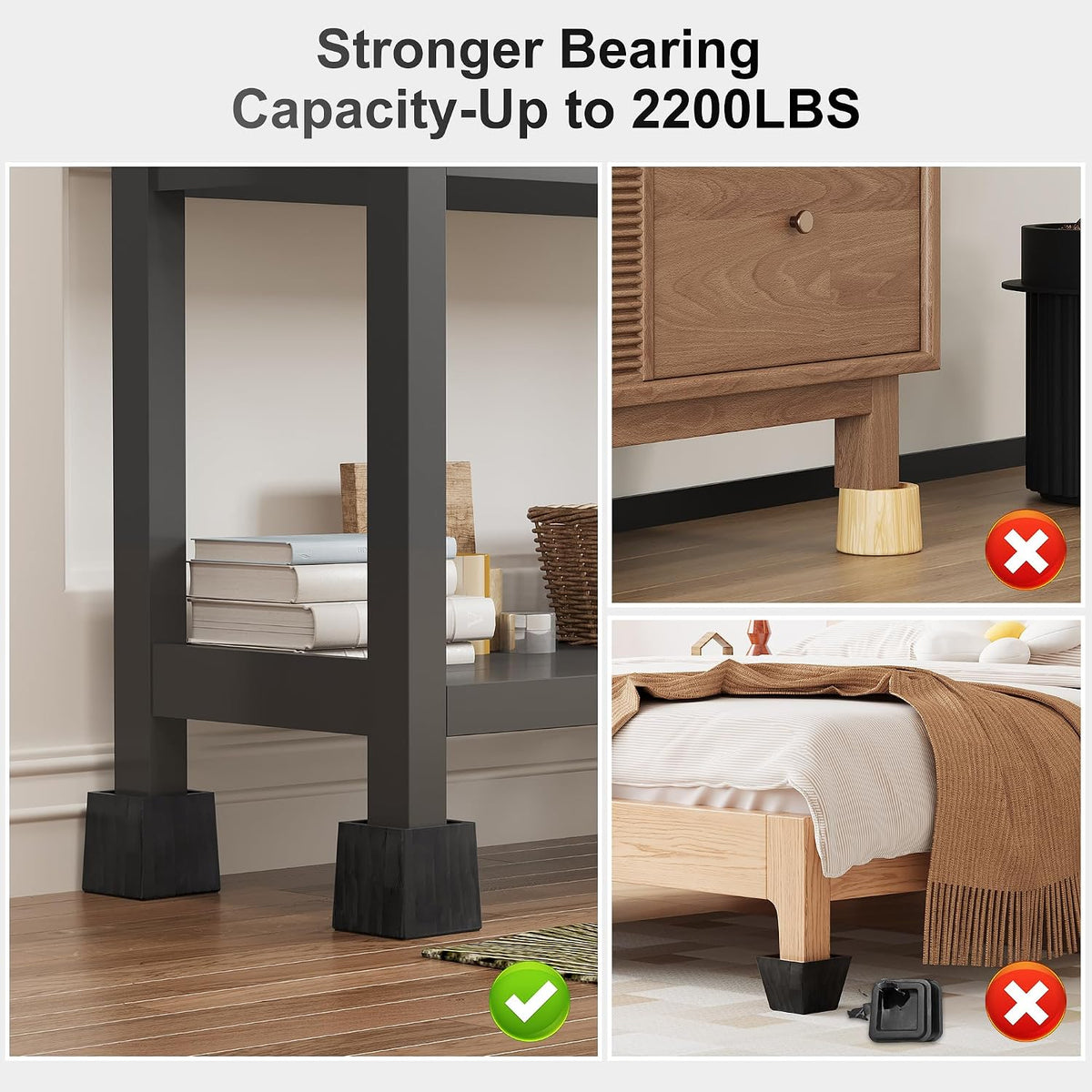 EasyPAG Bed Risers 4 inch Heavy Duty, Elevate Height 3 inch, Wood Furniture Risers for Couch Table Desk, Support 2200 Lbs, 1-inch Deep Anti-Fall Edge Bed Lifts with Non-Slip Pads, 4 Pack, Black