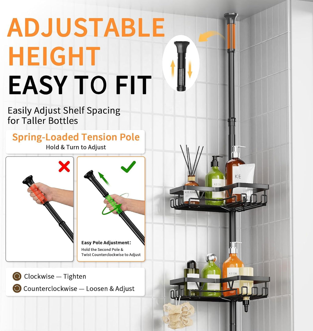 KEGII Corner Shower Caddy Tension Pole, 2-Steps Install Bathroom Organizer