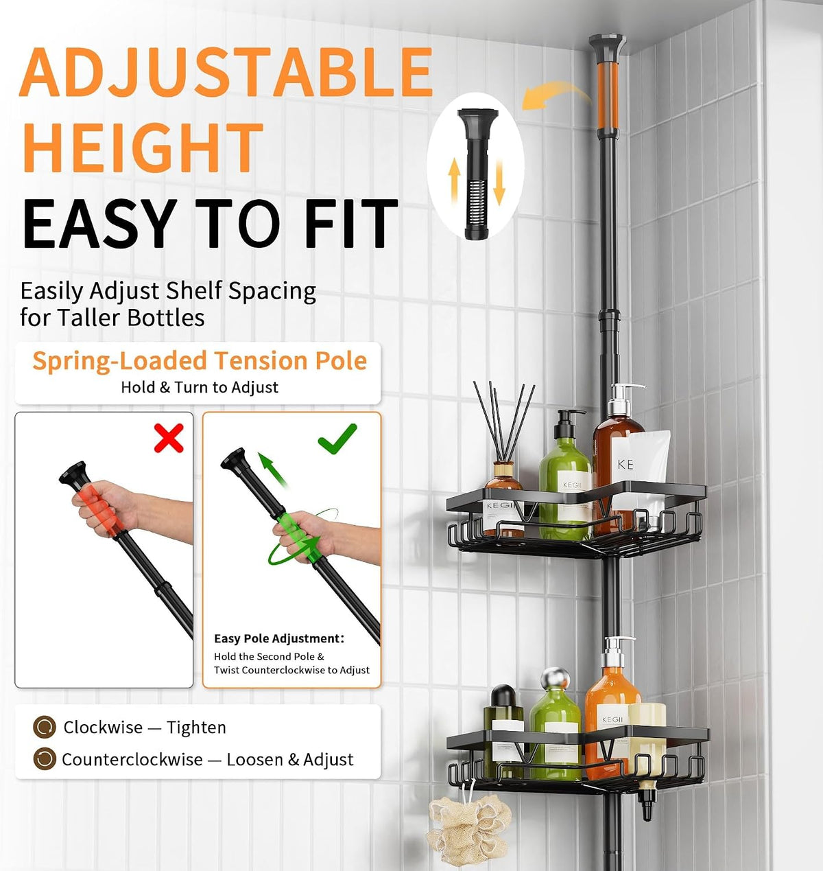KEGII Corner Shower Caddy Tension Pole, 2-Steps Install Bathroom Organizer