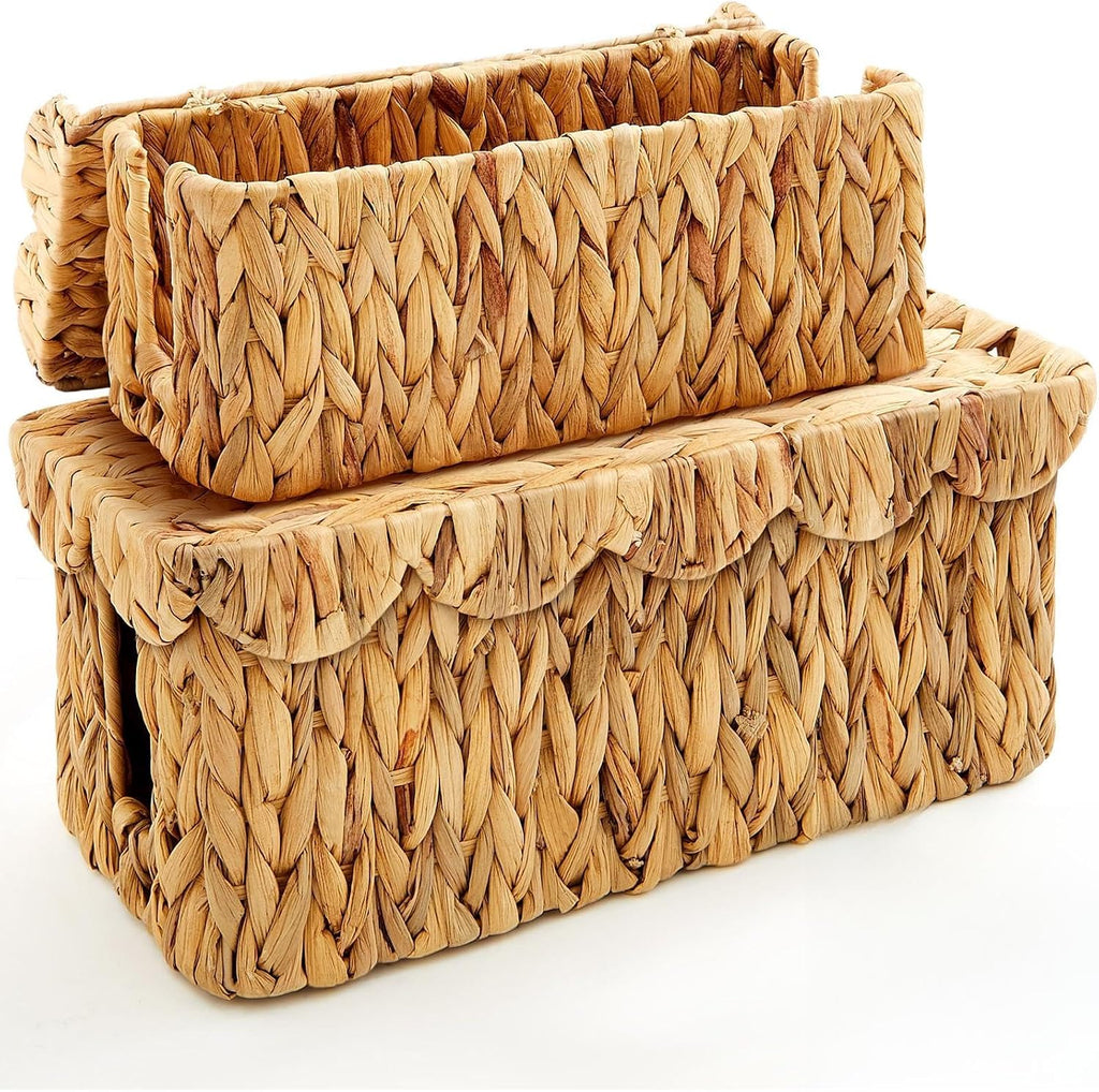 Patelai 2 Pack Scalloped Cable Management Box Water Hyacinth, Natural Color