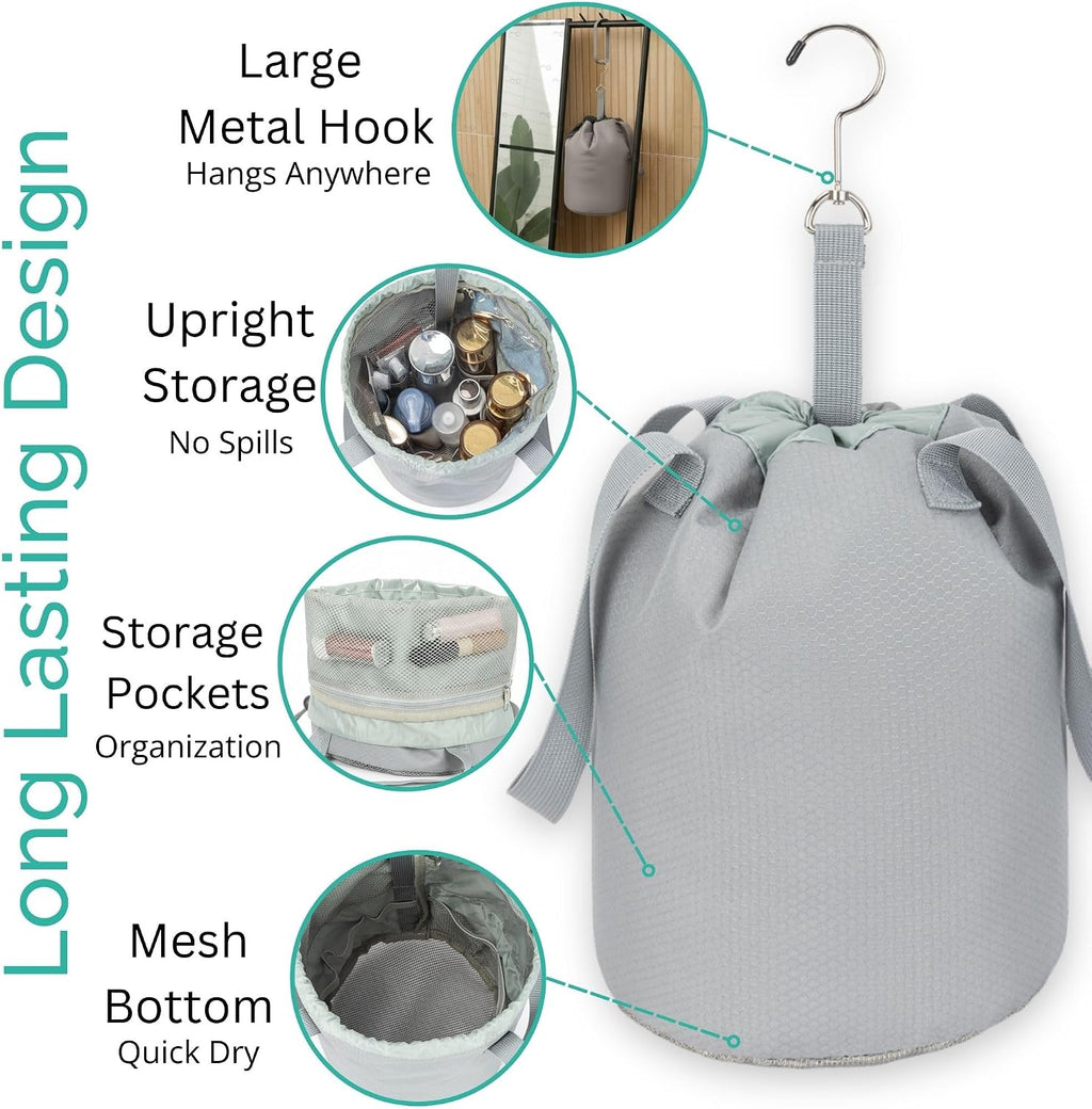 Portable Shower Bag with Drawstring Closure and Breathable Mesh Bottom – Travel Shower Caddy, Foldable Durable Design with Mesh Bottom for Cruise Ship Essentials, College Dorm Shower Caddy (Sage Grey)