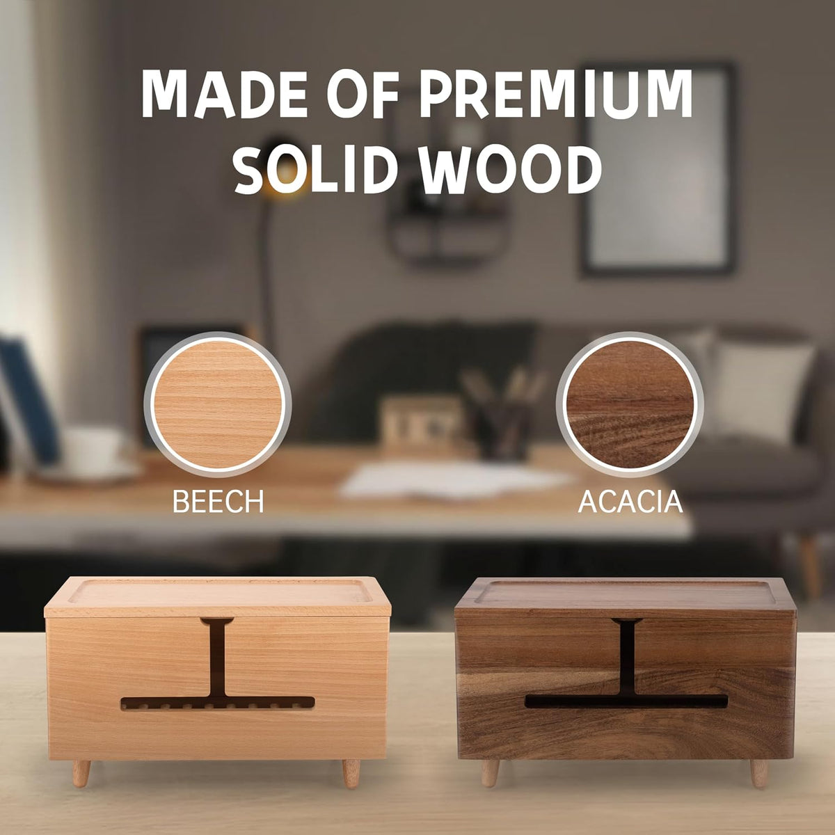 Natural Beechwood Large Cable Management Box for Power Strip & Cord Hider