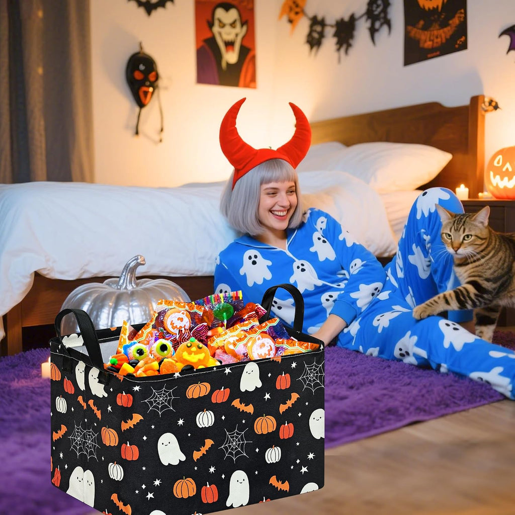 Halloween Storage Basket, Black Ghost Pumpkin Cotton Linen Blend Organizer Bin with Handles, Foldable Rectangular Shelf Basket for Toys, Clothes, Laundry, Bedroom, Gift Basket, Party Decor