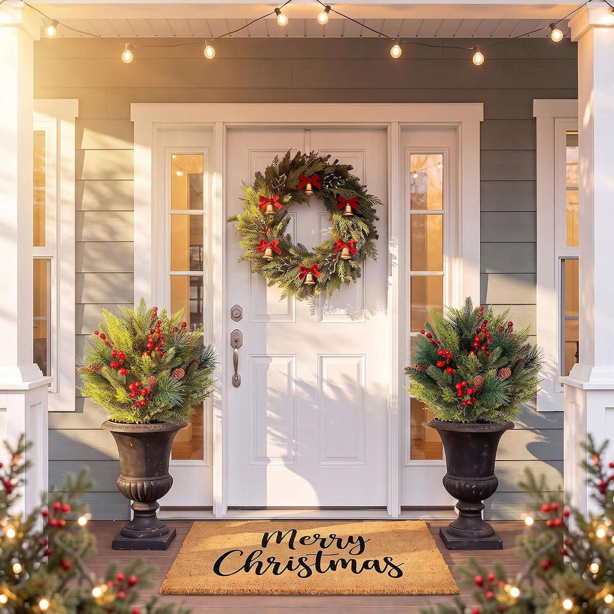 Artificial Christmas Cypress Topiary Shrubs, Faux Greenery Ball Bush for Christmas Indoor and Outdoor Decor,24.8" Fake Tree with Ground Spike,UV Resistant Plants for Front Porch, Patio Decor,Set of 2