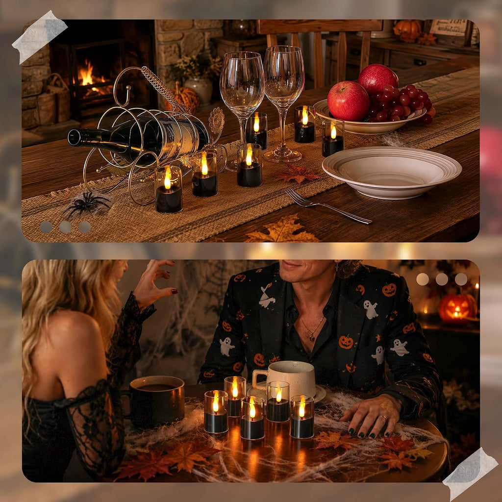 Flameless D: 1.7" H: 2.5" Small Tea Light LED Candles, Clear Acrylic Battery Operated Votive with Remote Control and Timer, Tealight Black Flickering Warm Light Pack of 8 Electric Halloween