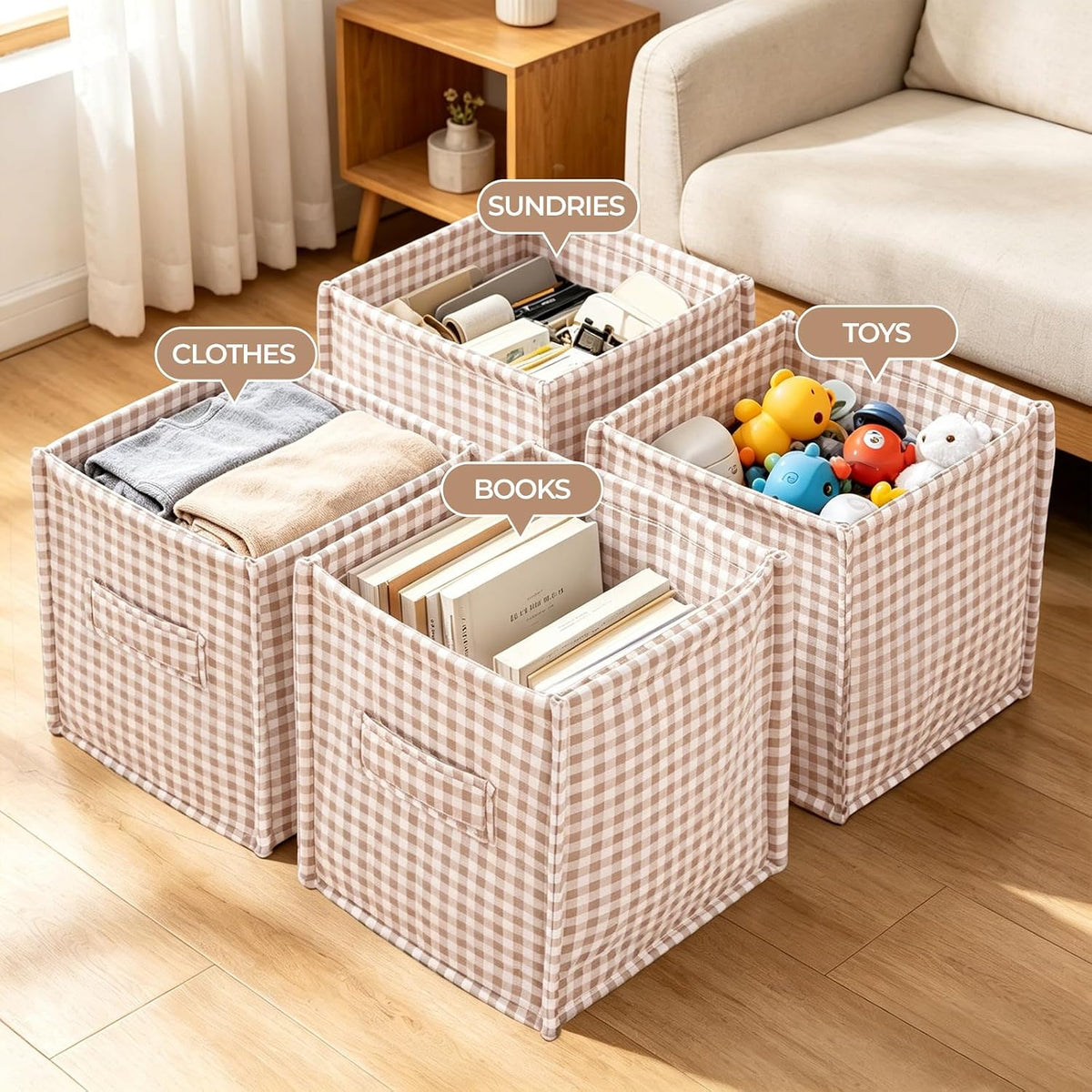 vctops Khaki Gingham Storage Cubes Organizer, 11.4 Inch 3 Pack Collapsible Fabric Storage Bins with Handles for Organization, Closet, Shelves, Offices, Toys (Khaki,11.4"x11.4"x11.4")
