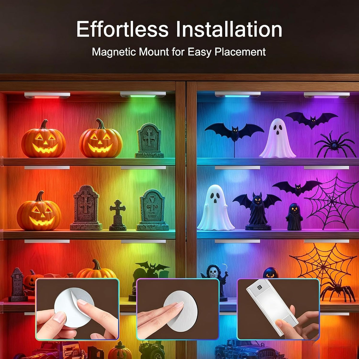 V4light Rechargeable Motion Sensor Night Light, 3-Pack Silver, RGB-6 Halloween Edition — Ultra-Thin Painted Aluminum Alloy, Magnetic Mount, 6 Eerie Colors for Haunted Pathways, Spooky Decor