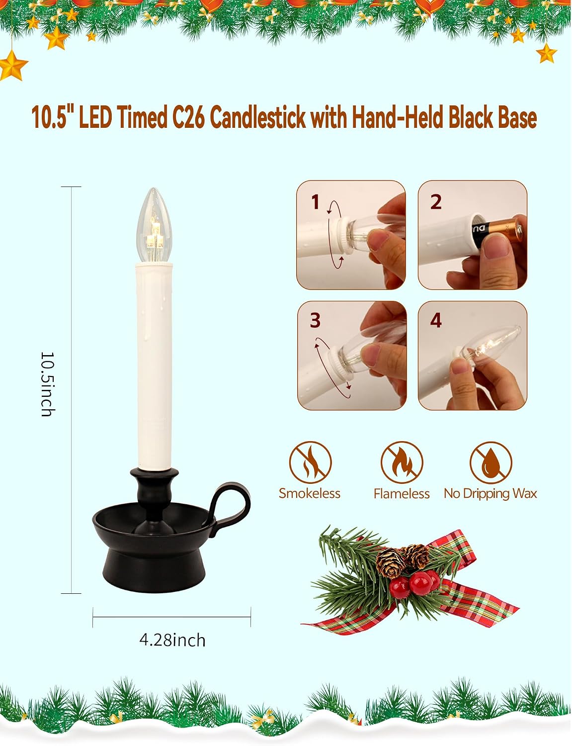4PK Christmas Window Candle Light, 11" LED Antique Black Chamberstick