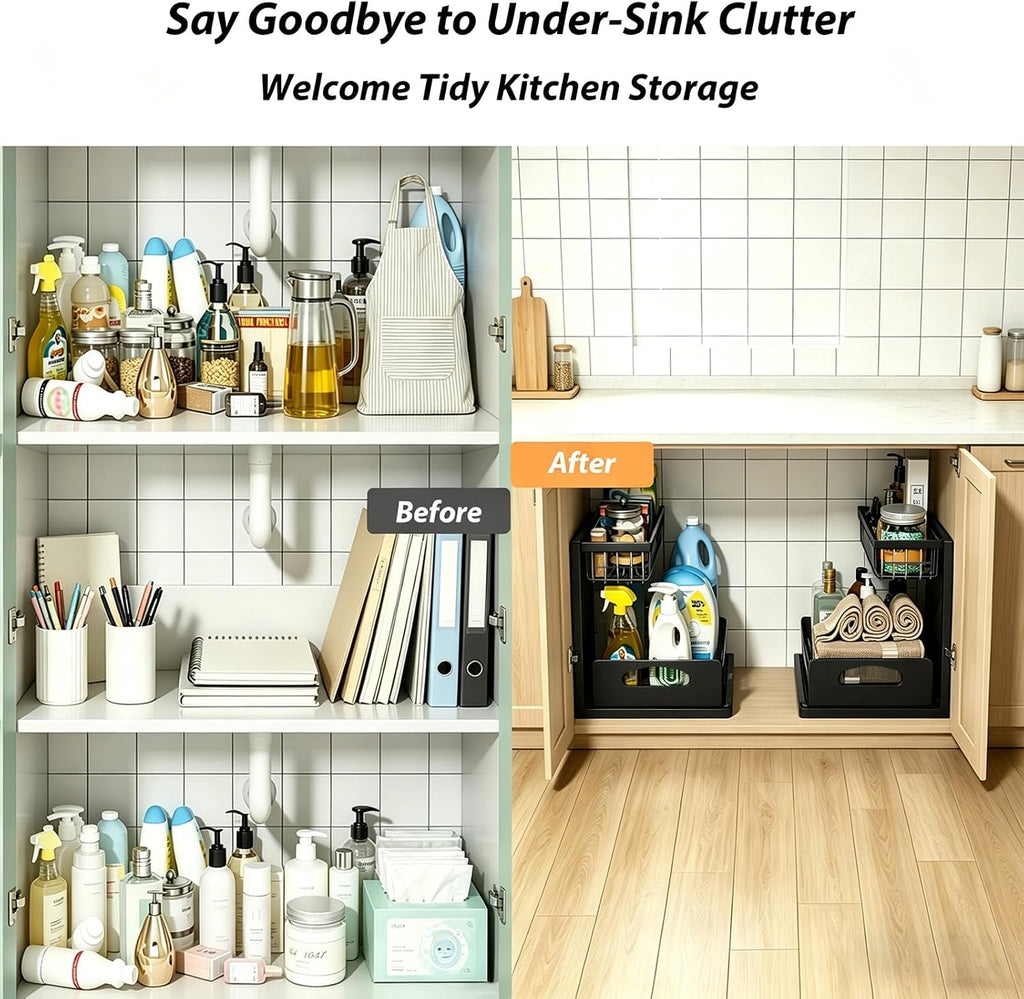 2 Pack Upgraded Under Sink Organizer, 2 Tier Pull out Kitchen Cabinet Organizer Metal Slide out Bathroom Organizers and Storage Makeup Drawer Organizer for Office Bedroom Restroom Living Room, L-Black