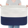 MEGASKET 108L Super Large Blanket Basket, 25" x 16" x 16" Jumbo Rectangle Basket for Blankets Living Room, Woven Cotton Rope Pillow Holder Organizer, Oversized Kids Dog Toy Storage Bin Box, Dark Blue