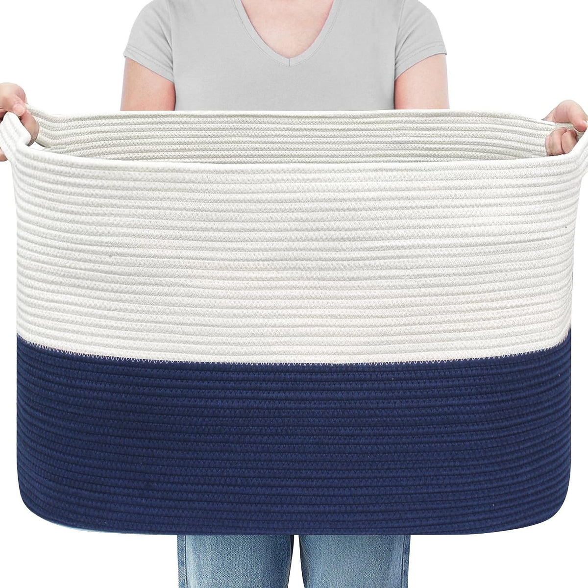 MEGASKET 108L Super Large Blanket Basket, 25" x 16" x 16" Jumbo Rectangle Basket for Blankets Living Room, Woven Cotton Rope Pillow Holder Organizer, Oversized Kids Dog Toy Storage Bin Box, Dark Blue