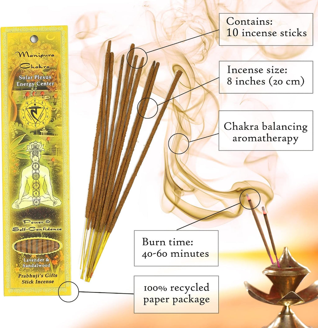 Prabhuji’s Gifts - Divine Chakra Incense Sticks - Manipura Solar Plexus Energy - Handmade Herbal Indian Incense - Agarbatti for Meditation & Cleansing - Fire Element, Power & Self-Confidence