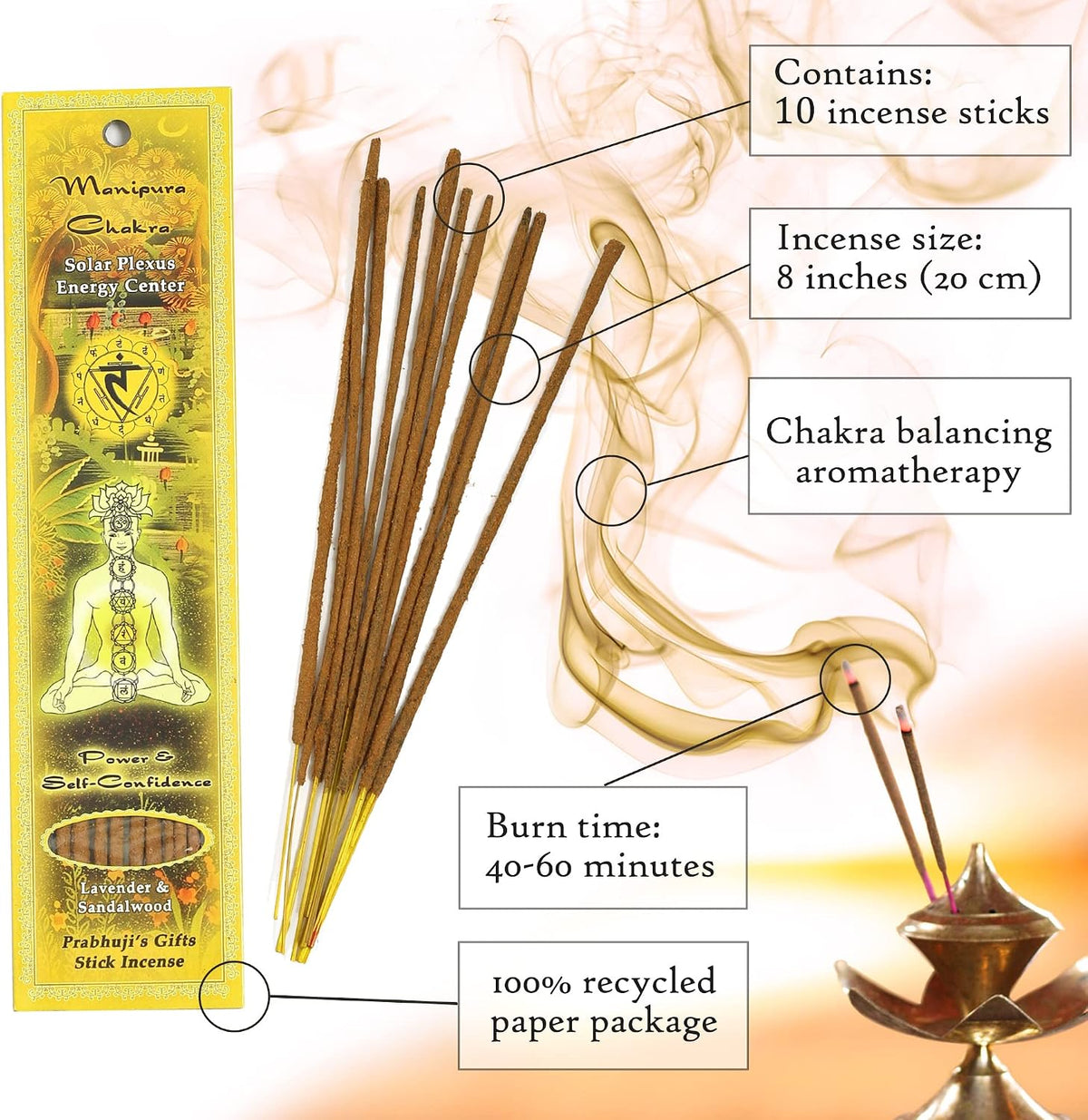 Prabhuji’s Gifts - Divine Chakra Incense Sticks - Manipura Solar Plexus Energy - Handmade Herbal Indian Incense - Agarbatti for Meditation & Cleansing - Fire Element, Power & Self-Confidence