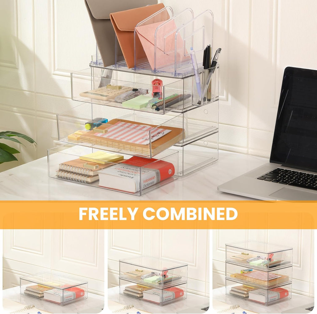 Acrylic Desk Organizer with 4-Vertical File Holder Rack, 3-Clear Drawer and 2 Pen Holders, Desktop Storage for Office Desk Accessories School Classroom Organization (Clear)