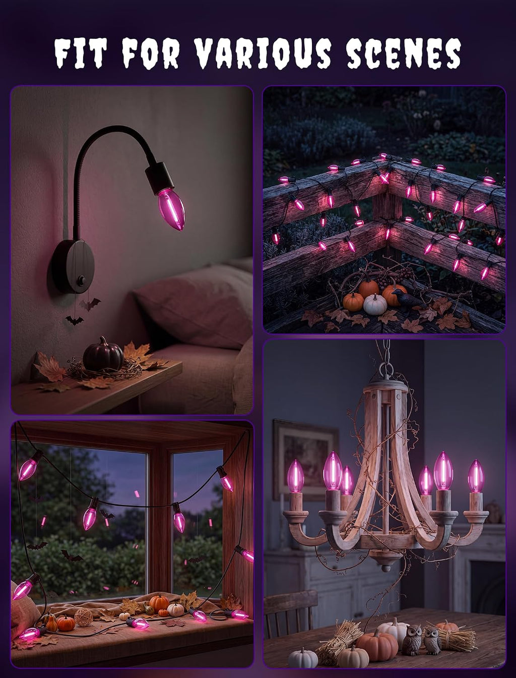 C9 LED Clear Purple Replacement Light Bulbs for Halloween Decorations, 120V