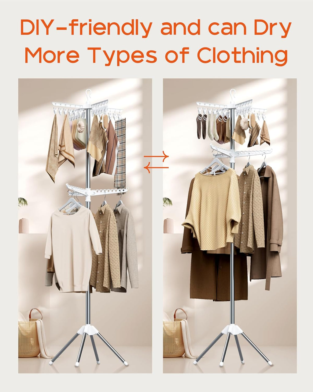 CASAMAYA Clothes Drying Rack Foldable, 72 inch 2 Tier Laundry Drying Rack with Rotating Clothes Rail for 27 Pieces of Clothes, Adjustable, 24 Clips, Space Saving, White and Silver CDR012W01