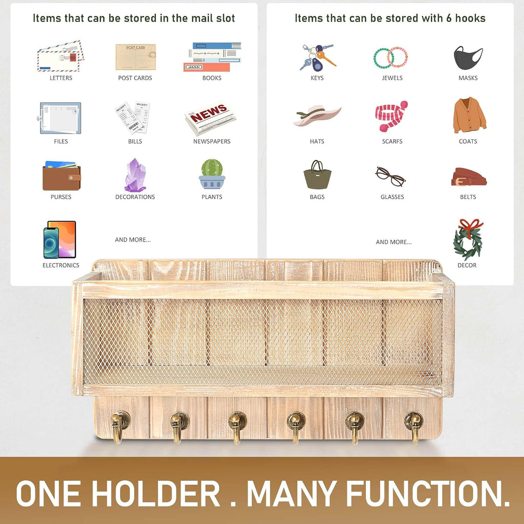 Rebee Vision Key Holder Wall Mount with Mail Basket for Home, Natural Wood