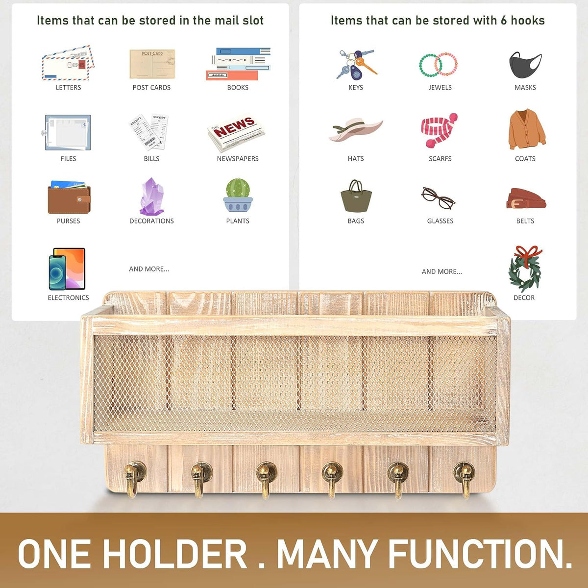 Rebee Vision Key Holder Wall Mount with Mail Basket for Home, Natural Wood