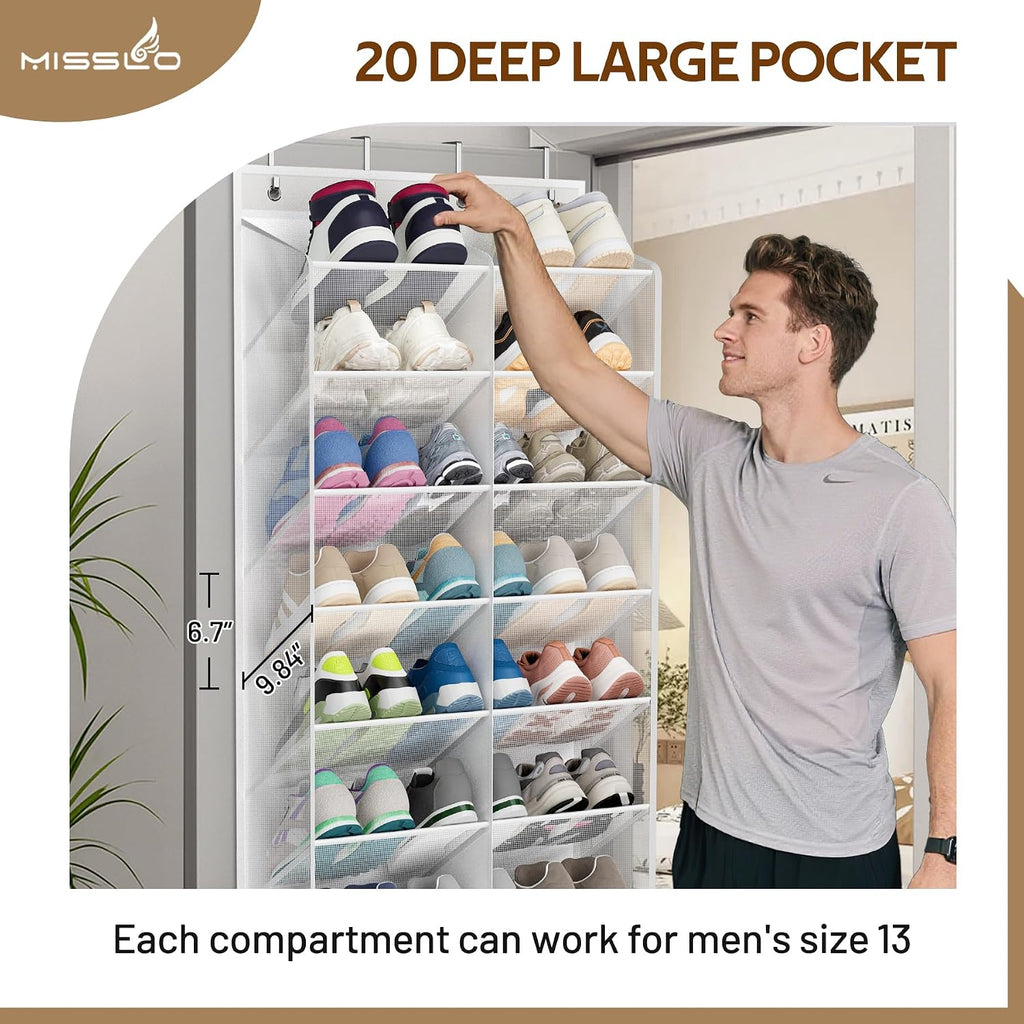 MISSLO 20-30 Pairs Over the Door Shoe Organizer Breathable Mesh Hanging Shoe Rack for Closet Storage with Wide Deep Pockets 10 Tier Shoes Holder Fit All the Family's Sneakers, Boots, Heels