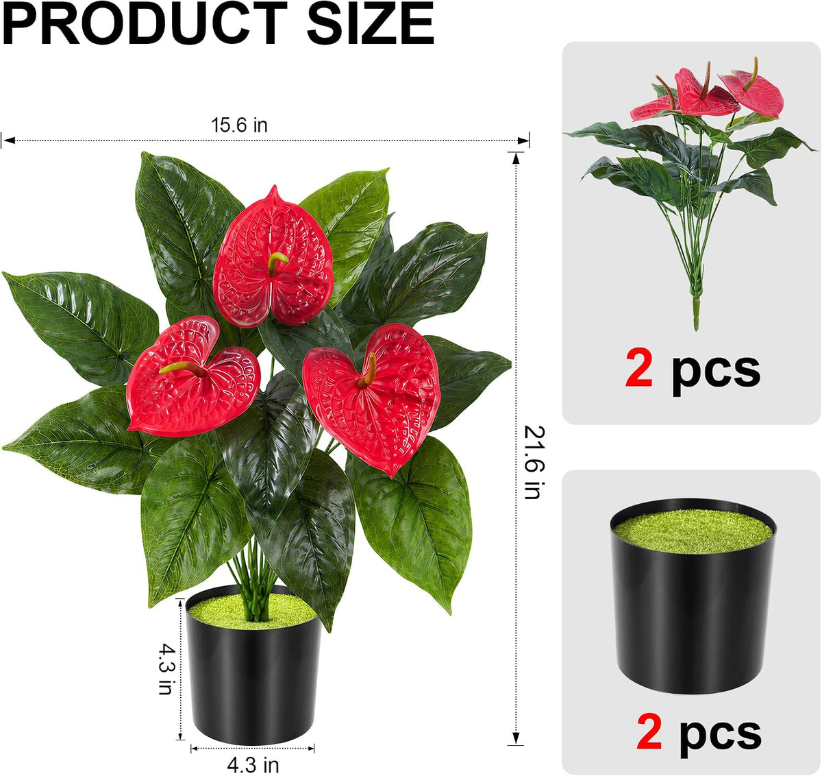 Anthurium Artificial Flowers with Pots, 2 Pack Fake Flowers Potted Faux Outdoor Plants, UV Resistant Realistic Faux Tropical Greenery for Planters Inside Porch Patio Yard (Red, 21.6")