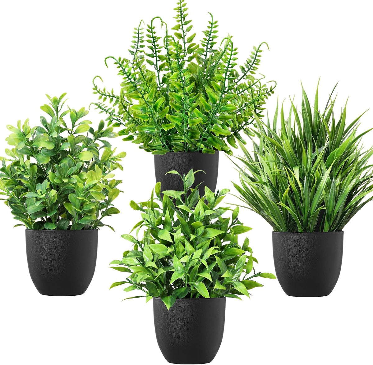 4 Pack Small Fake Plants in Black Pots Fern Grass Mix