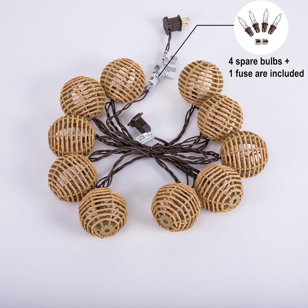 TWINKVILLA Decorative String Lights Plug in with 10 Incandescent Bulbs, Natural Rattan Globe Boho Lantern String Lights Connectable Weatherproof Outdoor Indoor for Bedroom Patio Pergola Decor