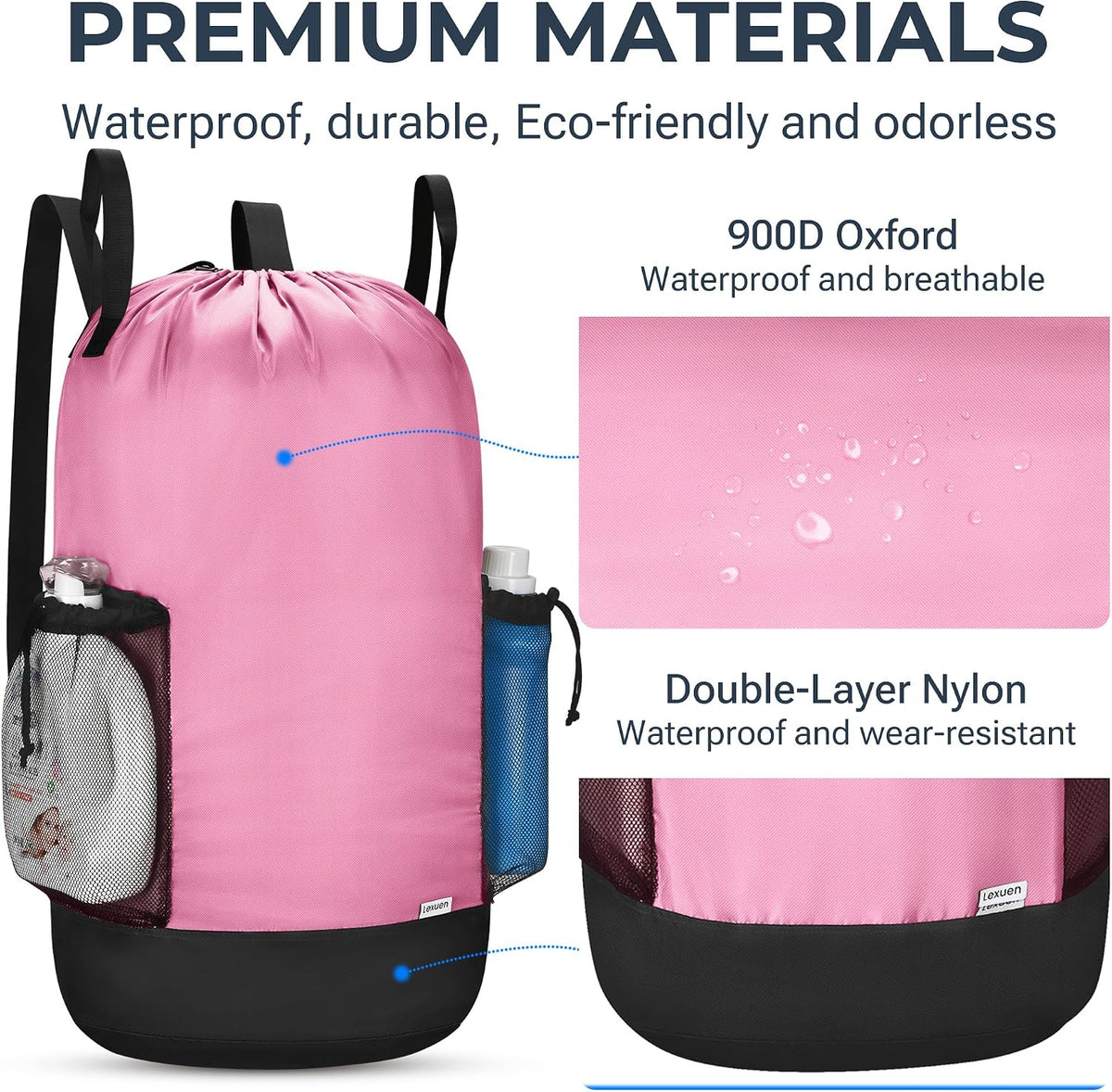 Heavy Duty Backpack Laundry Bag with Shoulder Straps & 2 Mesh Pockets, Pink