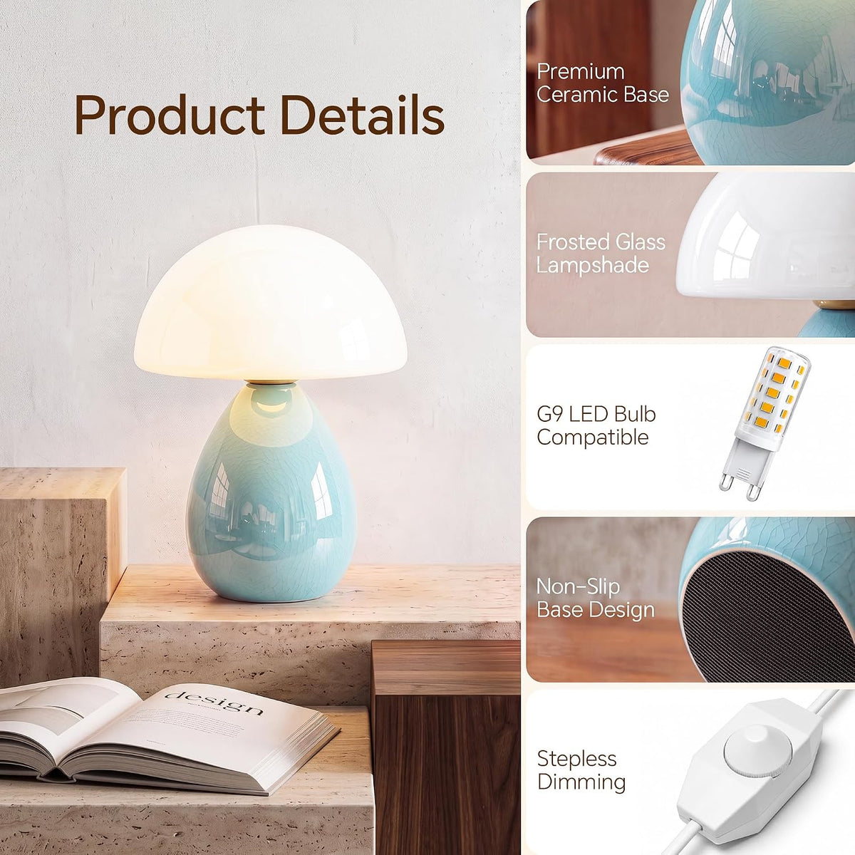 Dawnwake Mushroom Lamp Table Lamp for Bedroom-Small Desk Table Lamps,Blue