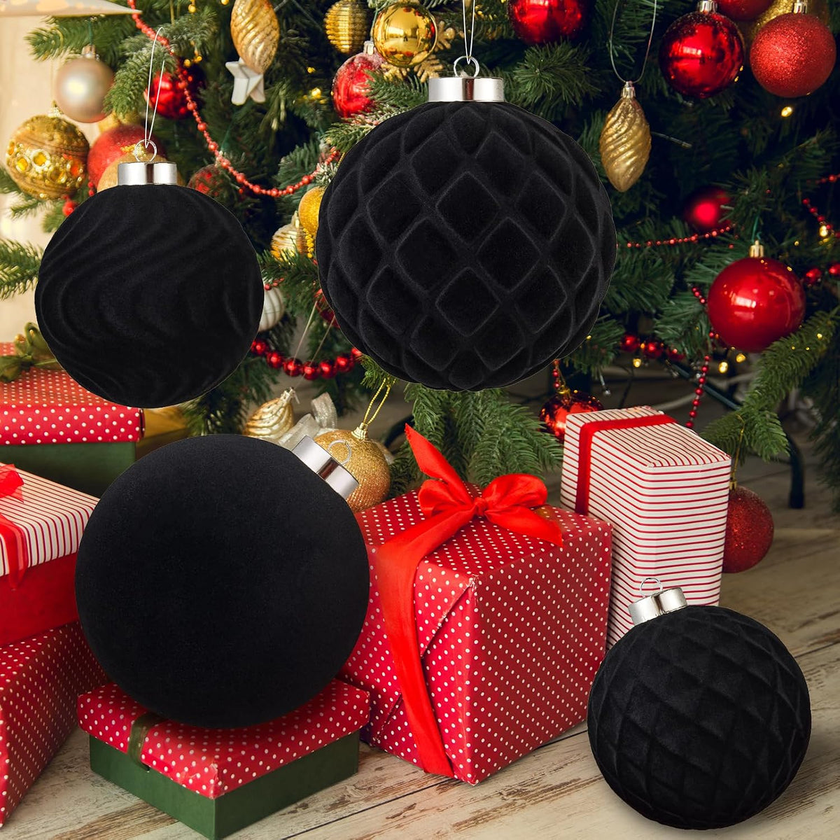 Large Velvet Christmas Ball Ornaments - 4 Inch Flocked Christmas Balls Shatterproof Decorative Hanging Ornaments Set for Xmas Tree Holiday Wedding Party Decor (Black, 4pcs)