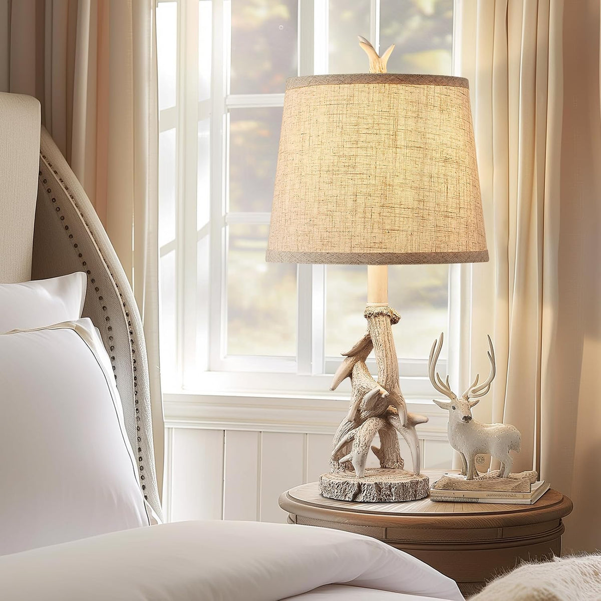 23'' Farmhouse Table Lamps for Bedroom Rustic Deer Antler Table Lamps Set of 2 Bedside Nightstand Lamp Western Log Cabin Lamp for Living Room Study Room Desk, White
