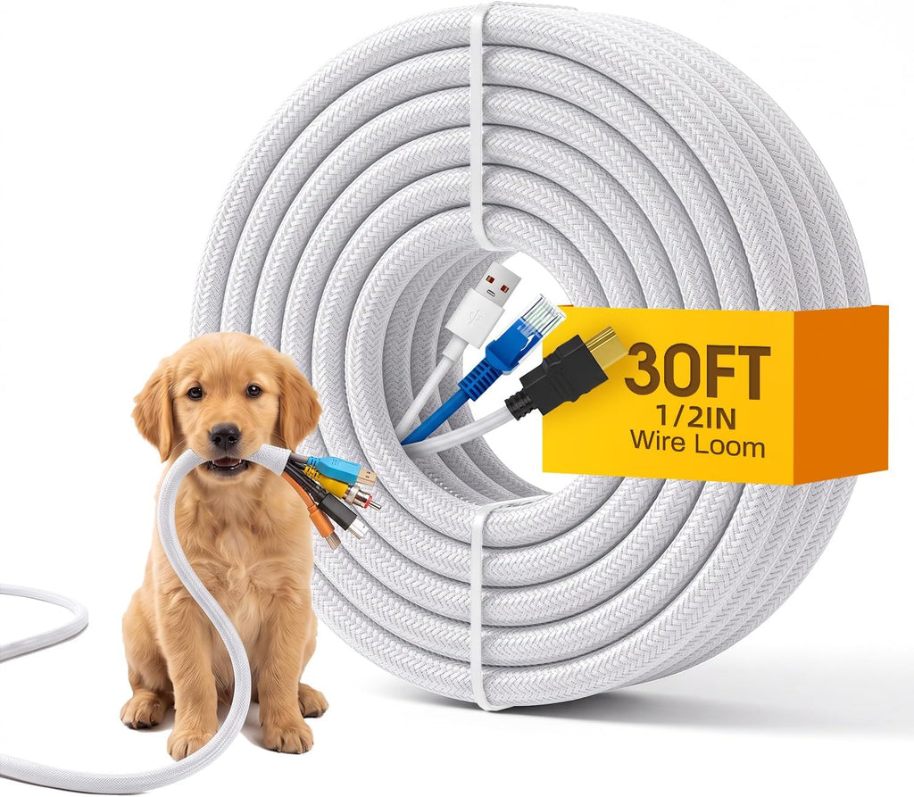 30ft Wire Loom Automotive, 1/2in Cord Protectors from Pets no Chew, White