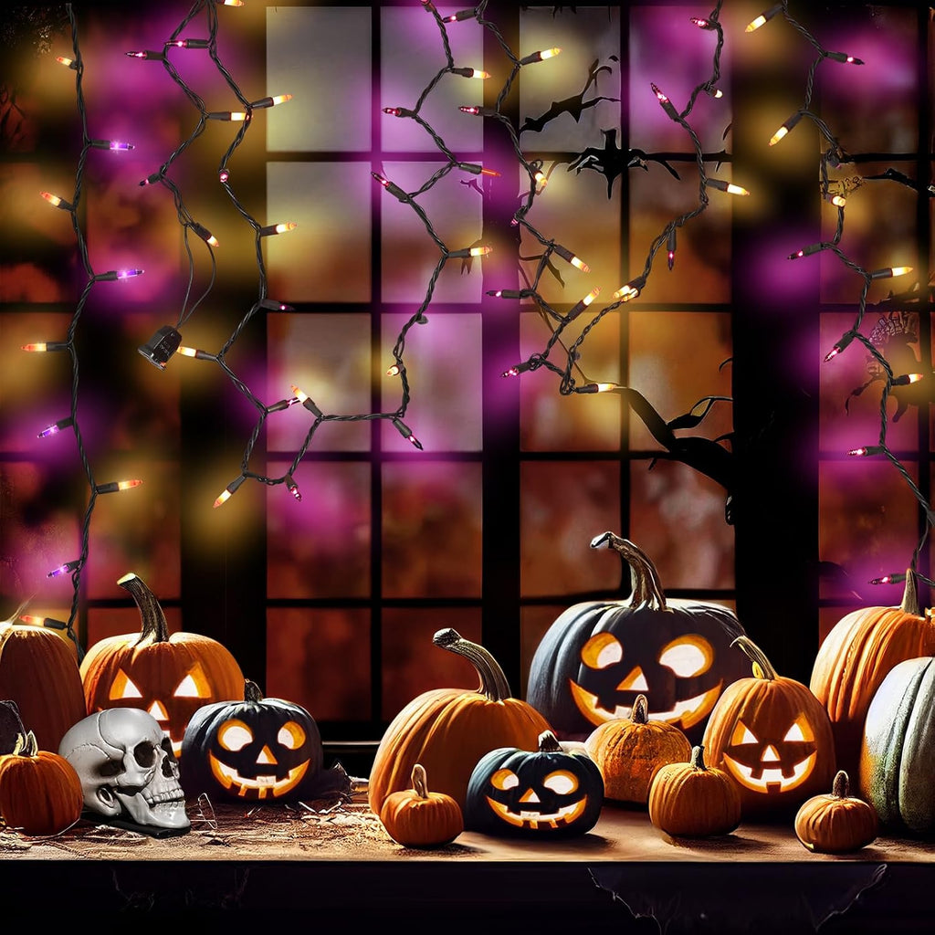 Brillarlights Halloween Purple Orange String Lights Plug in, 21FT 100 Count Mini Incandescent Black Cord, Connectable Spooky Tree Lights for Mantle, Porch, Yard Decor