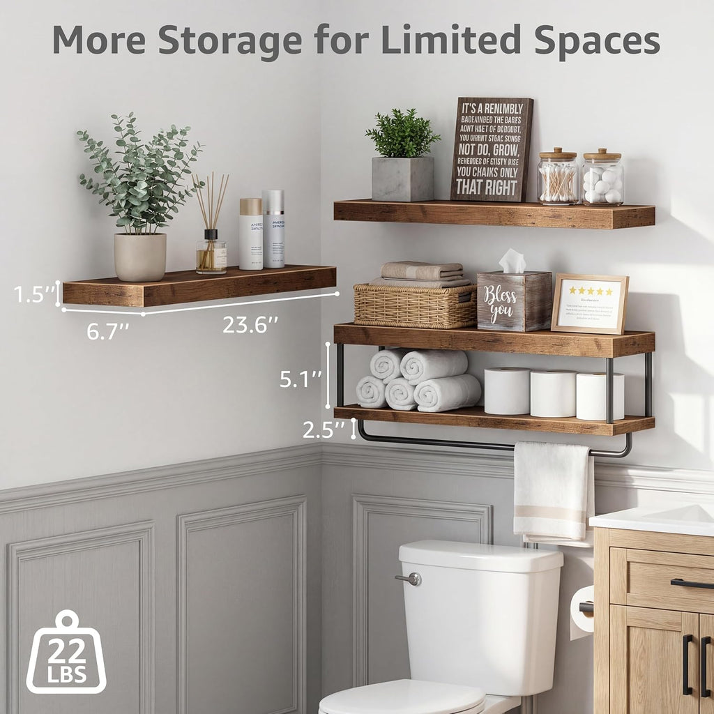 QEEIG Long Bathroom Floating Shelves Over Toilet (Brown, Set of 3, 23.6")