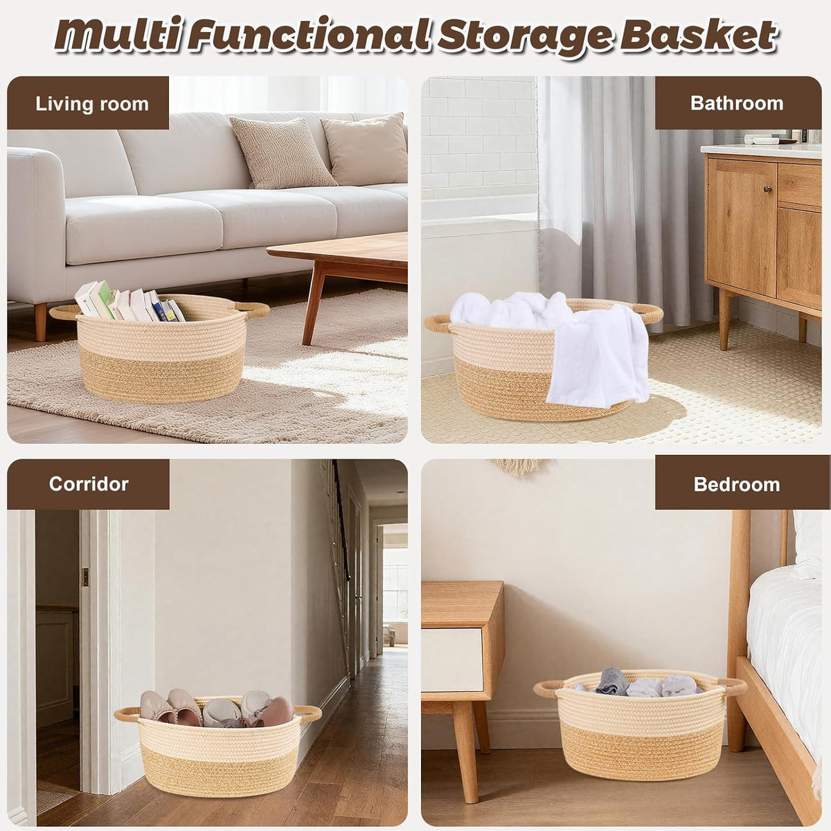 Woven Basket for Toys, Blankets & Gifts Empty ,Cotton Rope Storage Basket with Reinforced Handles for Nursery,Livingroom,Bedroom,Bathroom & Home Decor,19.69" x 11.42" x 7.48" (M)