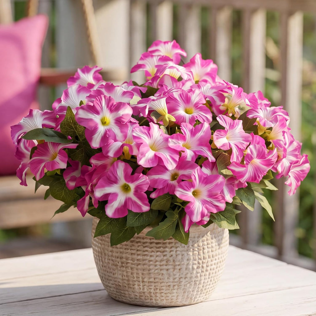 Artificial Fake Flowers Plants for Outdoor Decoration, 4PCS Faux Petunias Silk Flower UV Resistant No Fade for Home Outside Garden Balcony Yard Porch Realistic Indoor Decor (PurplePink)