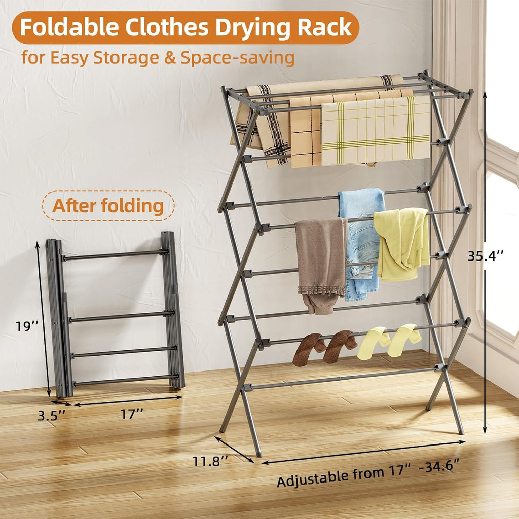 Clothes Drying Rack Foldable, Drying Rack Clothing Antirust Laundry Drying Rack Collapsible for Indoor Outdoor, 11.8" D x 34.5" W x 35.5" H, Grey