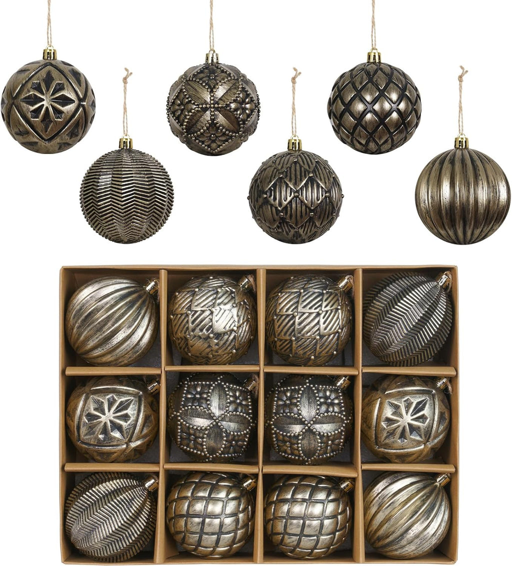 XmasExp Vintage Rustic Christmas Ball Ornaments Sets Farmhouse Distressed Christmas Tree Decorations Shatterproof Antique Traditional Style Xmas Hanging Ornaments （Bronze, 12Pcs