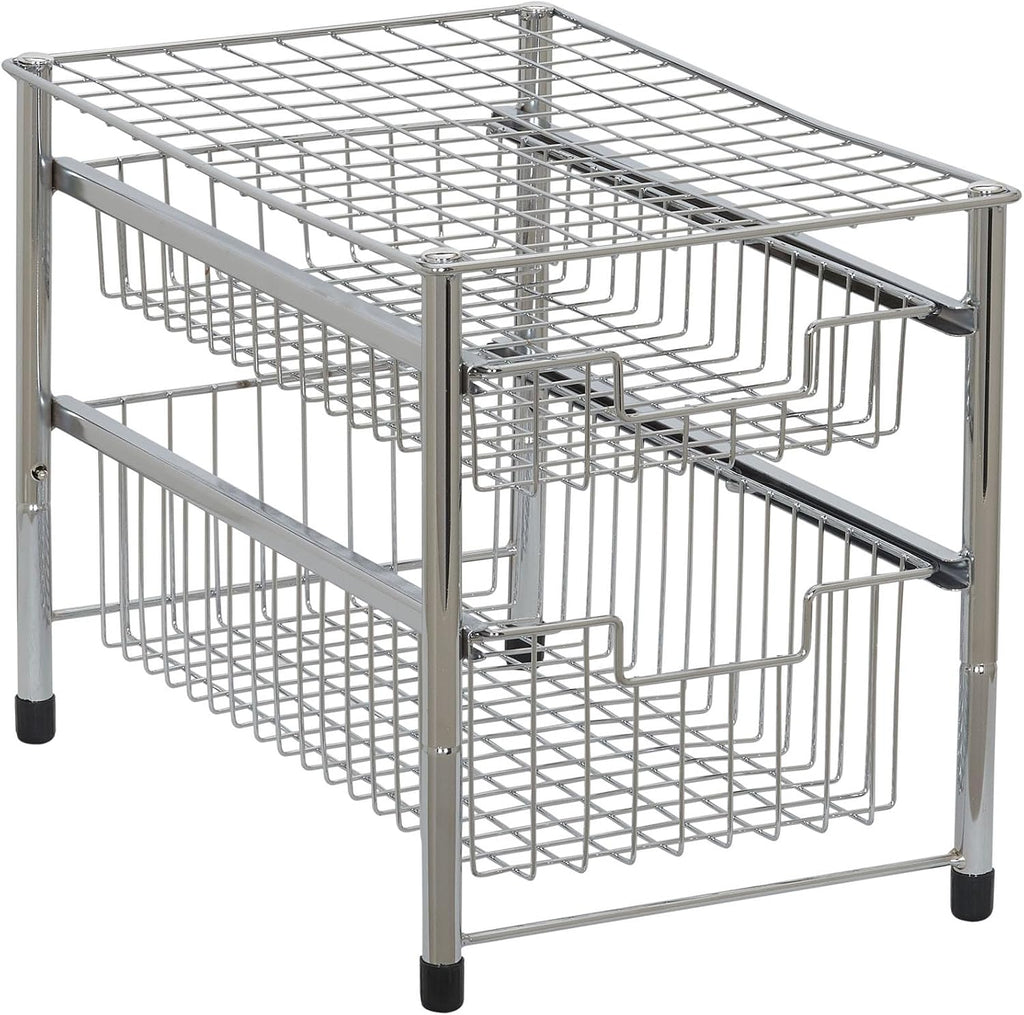 Household Essentials Free Standing Two Basket Sliding Cabinet Organizer with Metal Frame, Silver Finish