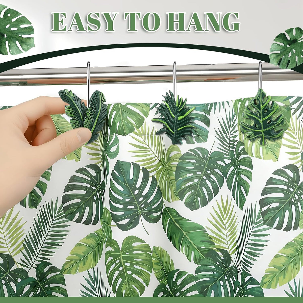 Amyhill 12 Pcs Tropical Leaf Decorative Shower Curtain Hooks Cute Green Monstera Deliciosa Leaves Curtain Rings Hanger Stainless Steel Resin Tropical Botanical Themed Hooks for Home Bathroom Decor