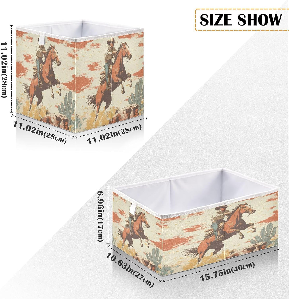 Cowboy Wild West Storage Cubes 11x11 Inch Foldable Fabric Bins with Handle for Storage and Organization, Ideal Storage Bins for Closet Shelves