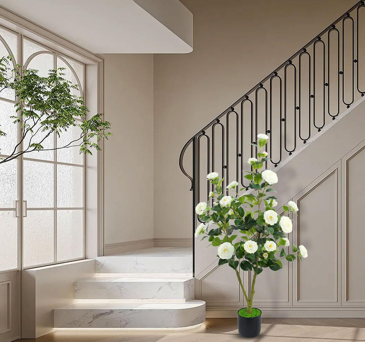 Artificial Camellia Tree, 4FT White Faux Camellia Plant Indoor, Realistic Artificial Tree with Flowers for Home Office Living Room Bedroom Outdoor Porch Patio Yard Garden Housewarming Decor